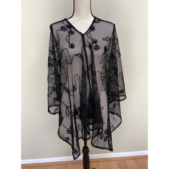 Women's Kimono Top Beach Cover Up V Neck Sheer Fishnet Mesh Black One Size - Picture 1 of 12